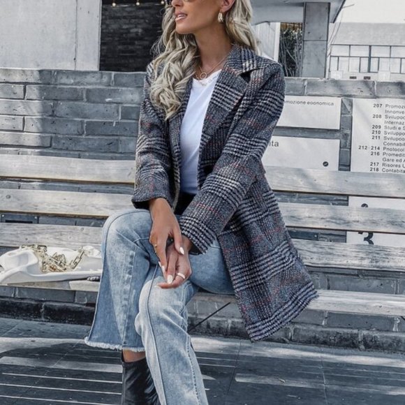 Plaid double breasted trench pea coat preppy tweed - Picture 2 of 11